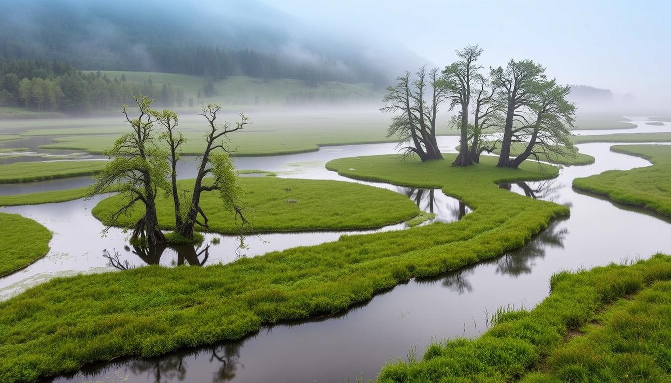 Soomaa Nationalpark bei Sonnenaufgang mit Nebel, Moor, Holzstegen und Kanufahrern – Estlands wilde Natur in stimmungsvoller Atmosphäre.