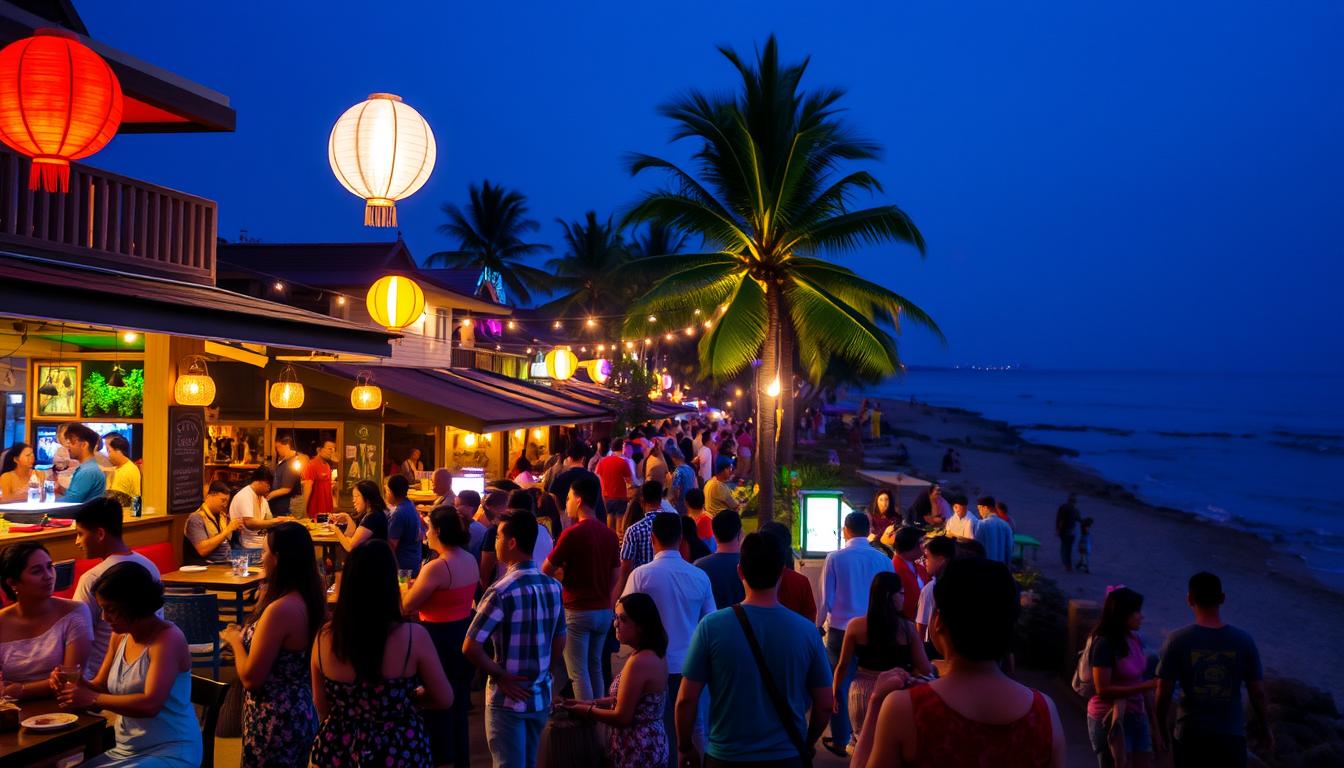 A bustling Balinese nightlife scene in Sanur, featuring a lively beachfront promenade lined with vibrant restaurants, bars, and live music venues. The warm, inviting atmosphere is illuminated by the soft glow of ambient lighting and colorful lanterns, creating a mesmerizing ambiance. In the foreground, couples and groups of friends enjoy cocktails and local cuisine, while in the middle ground, street performers and musicians entertain the crowd. The background showcases the serene ocean, with the silhouettes of palm trees and the distant glow of the night sky. The image conveys the vibrant, energetic, and welcoming nature of Sanur's nightlife, capturing the essence of this popular Indonesian destination.