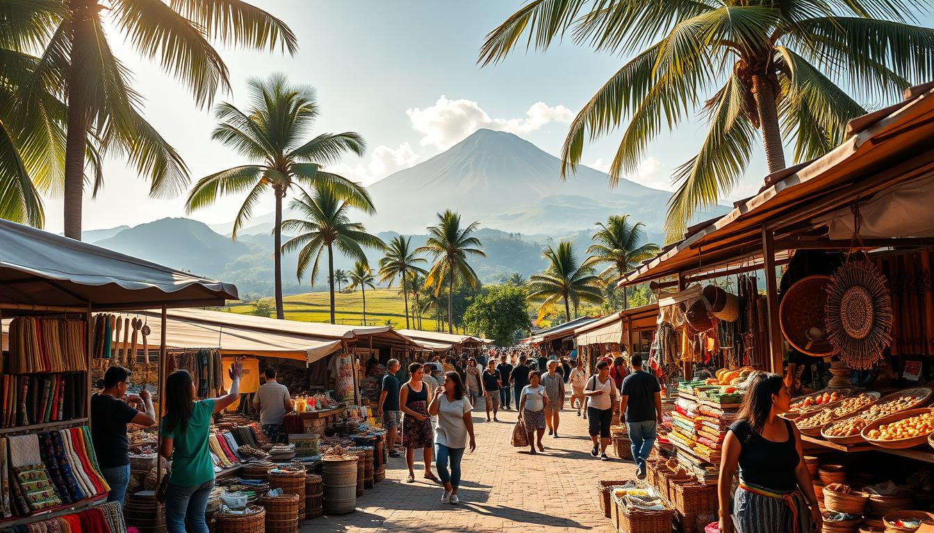 A bustling outdoor marketplace on the island of Lombok, Indonesia. In the foreground, vibrant stalls filled with an array of handcrafted goods and local souvenirs - colorful textiles, intricate woodcarvings, woven baskets, and aromatic spices. Shopkeepers beckon passersby, welcoming them to browse their wares. The middle ground showcases a lively scene, with locals and tourists mingling, haggling, and exploring the diverse selection. In the background, a picturesque landscape unfolds, featuring verdant palm trees, rolling hills, and the majestic Mt. Rinjani looming in the distance. The warm, tropical sun bathes the entire scene in a golden glow, creating a inviting and authentic atmosphere.