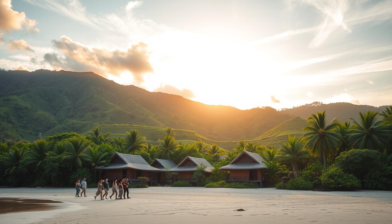 A serene coastal scene on the island of Lombok, Indonesia, showcasing the harmony between environmental protection and sustainable tourism. In the foreground, a group of travelers stroll along a pristine beach, mindfully admiring the natural surroundings. In the middle ground, traditional Sasak-style huts with thatched roofs nestle amidst lush, verdant foliage, blending seamlessly with the landscape. In the background, rolling hills covered in a patchwork of verdant rice paddies and coconut groves create a picturesque backdrop, illuminated by warm, golden sunlight filtering through wispy clouds. The scene conveys a sense of balance and respect for the island's fragile ecosystem, showcasing the potential for eco-friendly tourism that benefits both the environment and the local community.