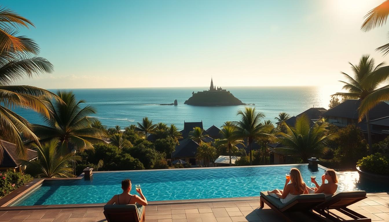 A sun-dappled tropical oasis in Sanur, Bali. A tranquil beachfront resort with thatched-roof villas nestled amidst lush palms and fragrant frangipani trees. In the foreground, a serene infinity pool reflects the clear azure sky, its surface gently rippled by a light ocean breeze. Guests recline on plush loungers, sipping cocktails and gazing out over the shimmering turquoise waters of the Bali Sea. In the middle distance, a traditional Balinese temple sits atop a jutting rocky outcrop, its ornate spires and intricate carvings silhouetted against the horizon. The warm, golden light of the late afternoon bathes the entire scene in a tranquil, restorative glow, inviting visitors to unwind, recharge, and fully immerse themselves in the peaceful ambiance of Sanur.