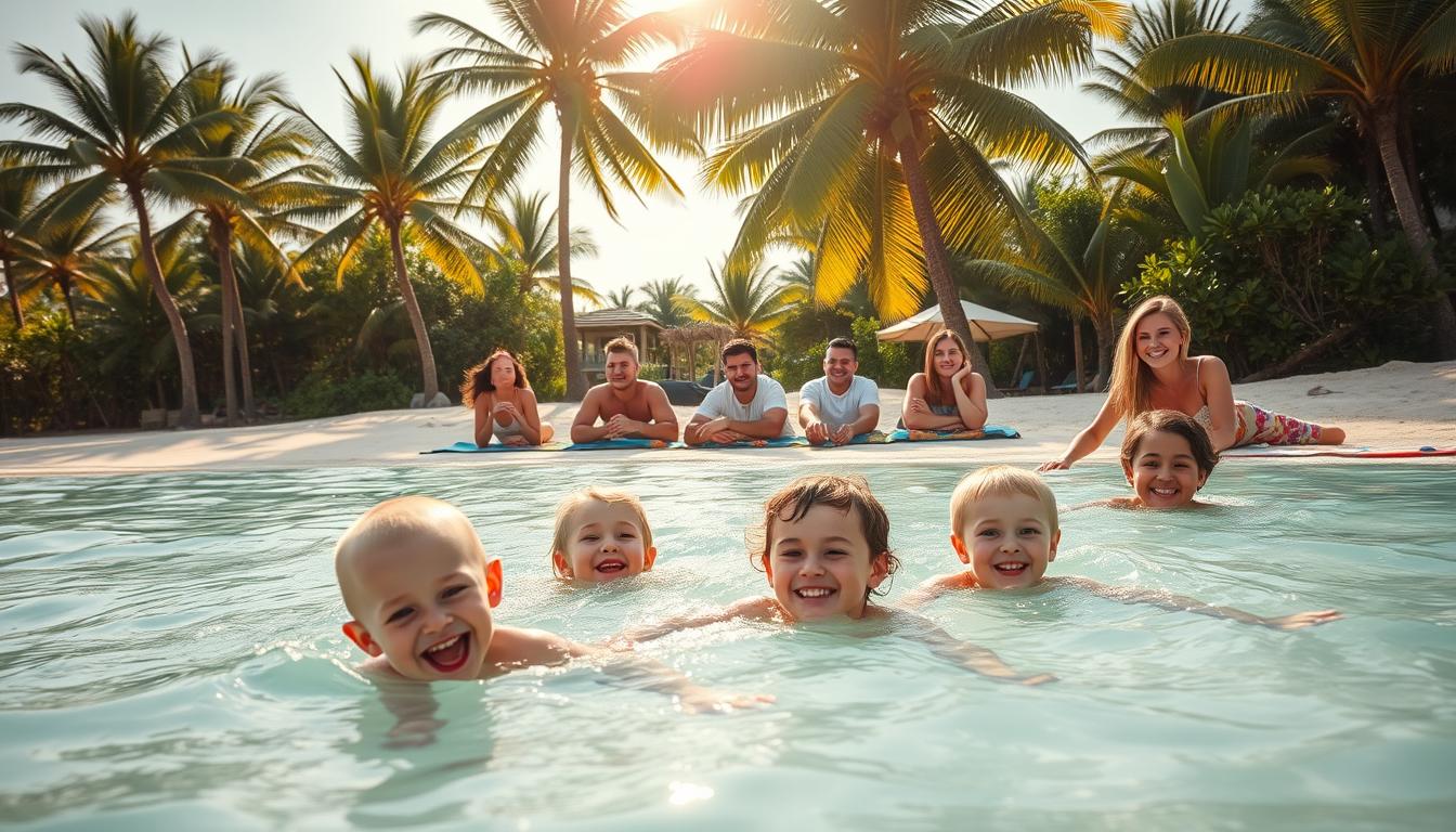 A vibrant family holiday in Bali, Indonesia. In the foreground, a group of smiling children play in crystal-clear turquoise waters, their laughter echoing across the white sandy beach. In the middle ground, parents recline on colorful beach towels, watching over their little ones with content expressions. Swaying palm trees and lush tropical foliage form the backdrop, casting gentle shadows over the tranquil scene. Warm, golden sunlight filters through, creating a serene, idyllic atmosphere. The composition is balanced, with a sense of harmony and family togetherness. This image perfectly captures the spirit of a family-friendly adventure in the coastal town of Legian.