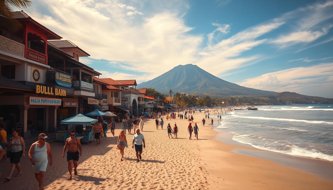 A vibrant, sun-drenched scene of Legian's bustling beachfront, captured with a wide-angle lens. In the foreground, people leisurely stroll along the sandy shores, enjoying the warm, salty breeze. The middle ground features a lively promenade lined with colorful shops, cafes, and restaurants, their facades adorned with traditional Balinese motifs. In the background, the iconic volcanic peaks of Mount Agung rise majestically, their silhouettes framed by a dramatic, golden-hued sky. The overall atmosphere radiates the relaxed, welcoming spirit of Legian, inviting viewers to immerse themselves in the vibrant local culture and natural beauty of this Indonesian coastal paradise.