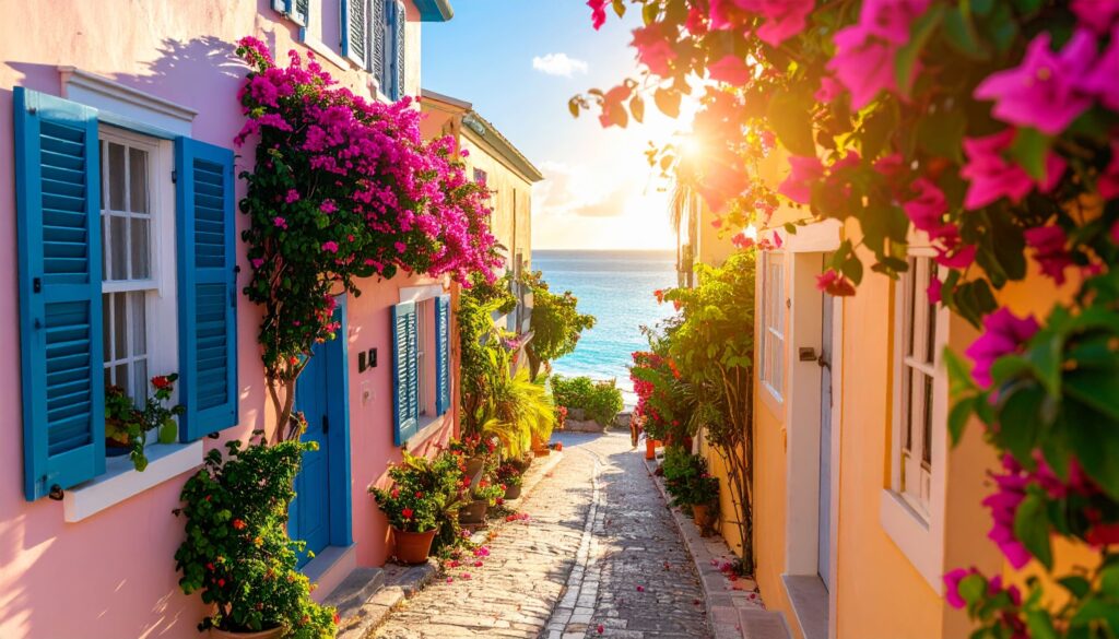Nassau Altstadt in der Morgensonne mit bunten Kolonialhäusern und Blick auf das Meer.