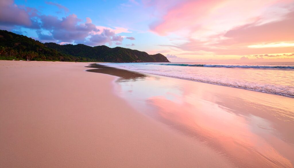Pink Sands Beach auf Harbour Island im goldenen Licht des Sonnenuntergangs mit rosafarbenem Sand.