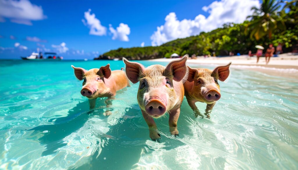 Schwimmende Schweine im kristallklaren Wasser vor einer tropischen Insel der Bahamas