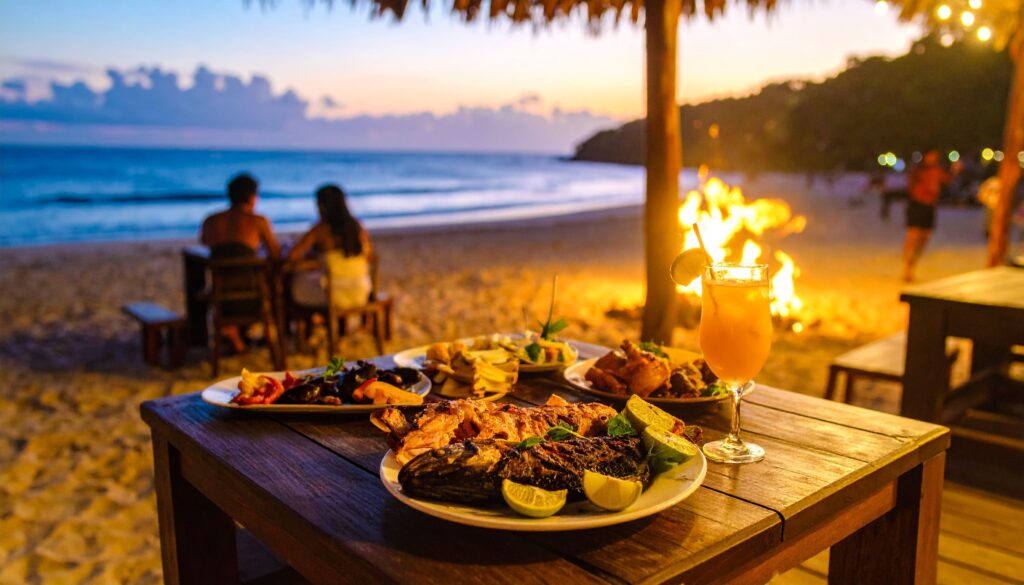Typische Strandbar der Bahamas mit Cocktails und gegrilltem Fisch in entspannter Atmosphäre.