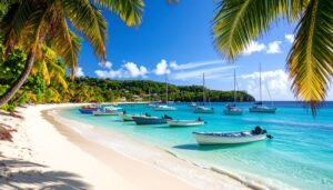 Karibikstrand auf Barbados mit Palmen, weißen Sand und türkisfarbenem Wasser.