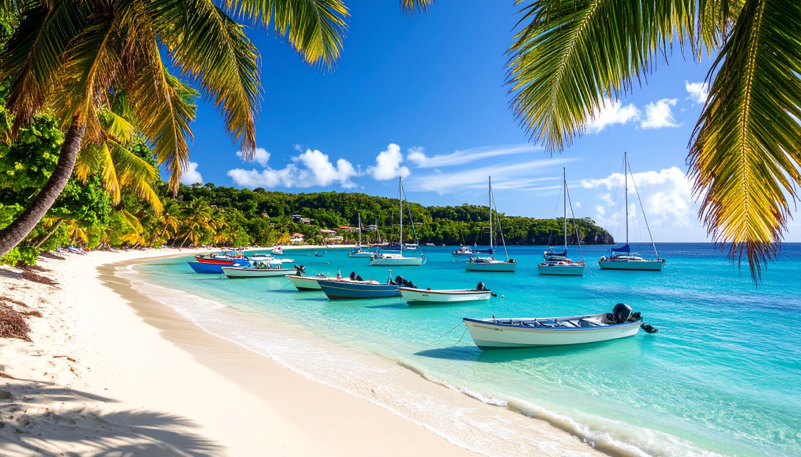 Karibikstrand auf Barbados mit Palmen, weißen Sand und türkisfarbenem Wasser.