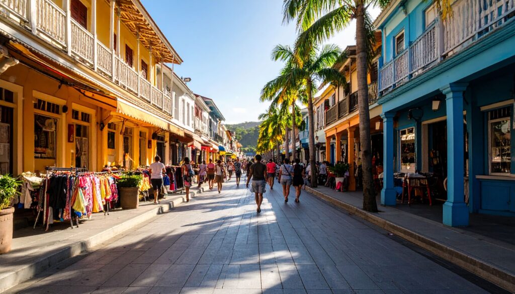 Fußgängerzone Broad Street in Bridgetown mit Kolonialhäusern, Marktständen und karibischer Atmosphäre.