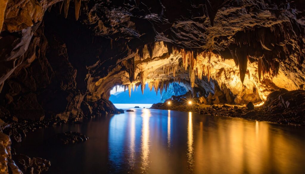 Tropfsteinhöhle Harrison’s Cave mit Wasserbecken und beleuchteten Kristallwänden