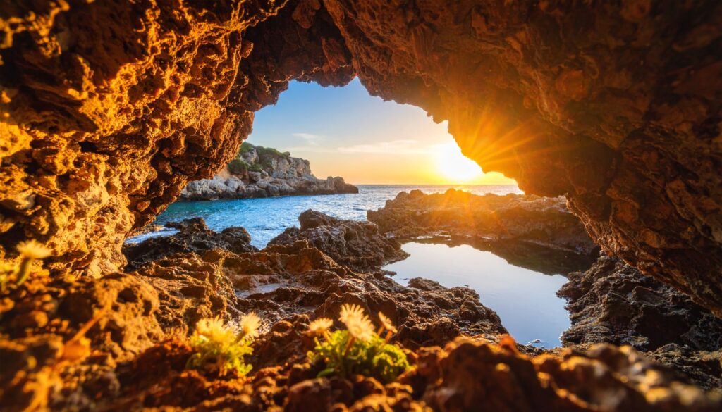 Aussicht aus der Animal Flower Cave auf das raue Atlantikmeer und die felsige Nordküste von Barbados