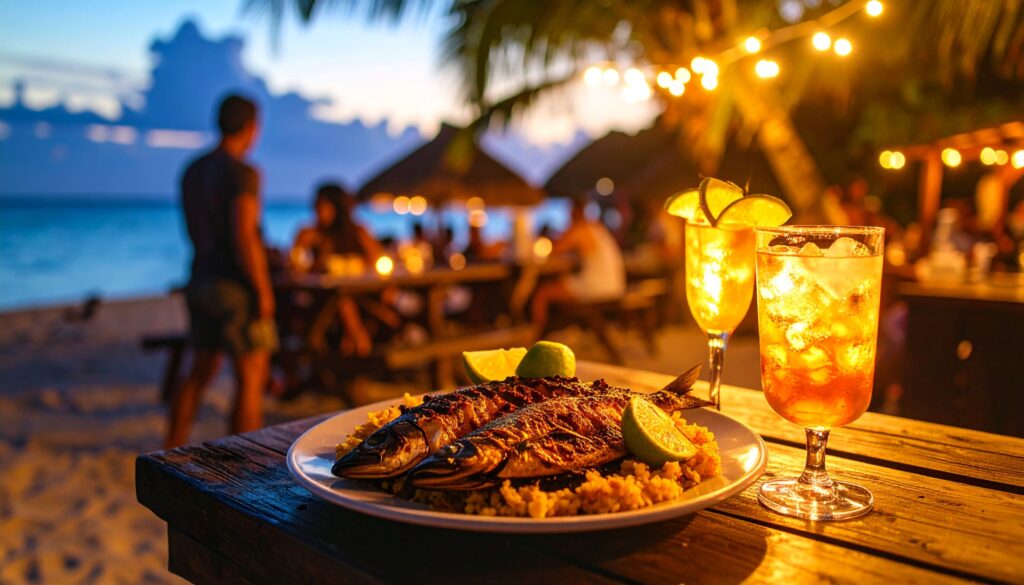 Traditioneller Streetfood-Teller mit Flying Fish, Cou-Cou und Rum-Drink beim Oistins Fish Fry
