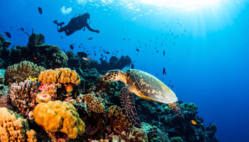 Schnorcheln und Tauchen am Riff bei Playa Kalki mit Schildkröte und bunten Korallen