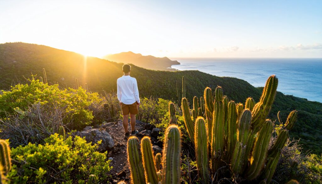 Wanderer auf dem Christoffelberg mit Ausblick über Curaçao und Kakteen im Morgengrauen