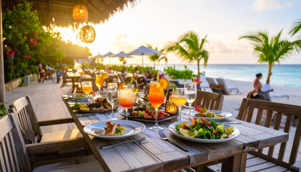 Karibisches Restaurant am Strand mit Cocktails, Meeresfrüchten und Sonnenuntergang auf Curaçao