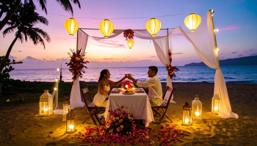 Romantisches Picknick bei Sonnenuntergang am abgelegenen Strand von Samaná mit tropischen Blumen, Laternen und einem Paar, das die Aussicht genießt.