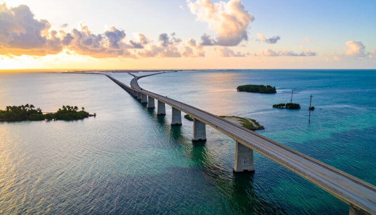 Die Seven Mile Bridge bei Sonnenaufgang – spektakuläre Aussicht auf den Overseas Highway und das blaue Meer der Florida Keys