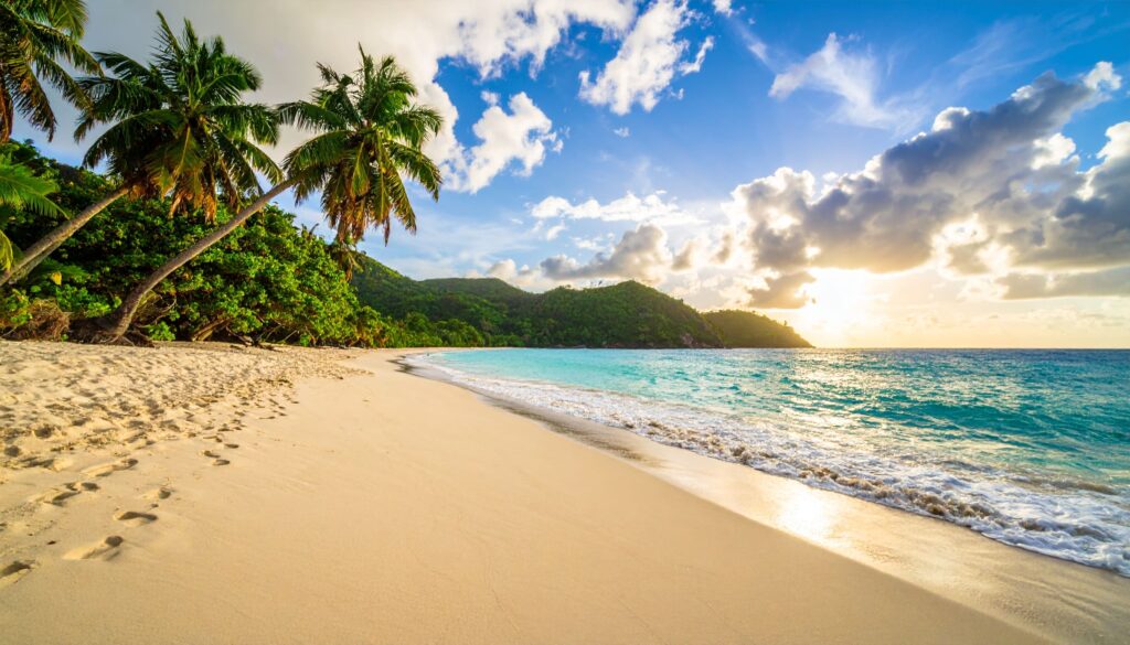 Grand Anse Beach auf Grenada in sanftem Morgenlicht mit Palmen und türkisblauem Wasser.
