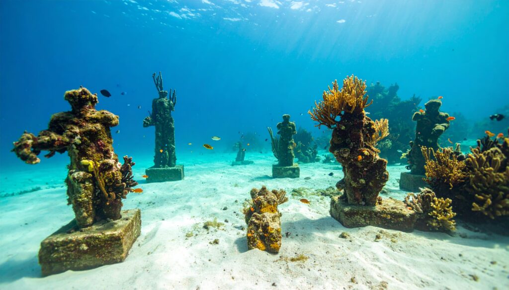 Unterwasser-Skulpturenpark auf Grenada mit Korallen bewachsenen Figuren im türkisblauen Meer.