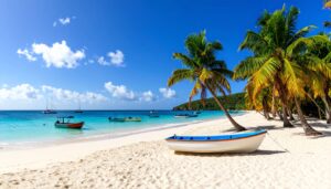 Panoramaaussicht auf einen palmengesäumten Strand mit türkisfarbenem Meer auf Guadeloupe