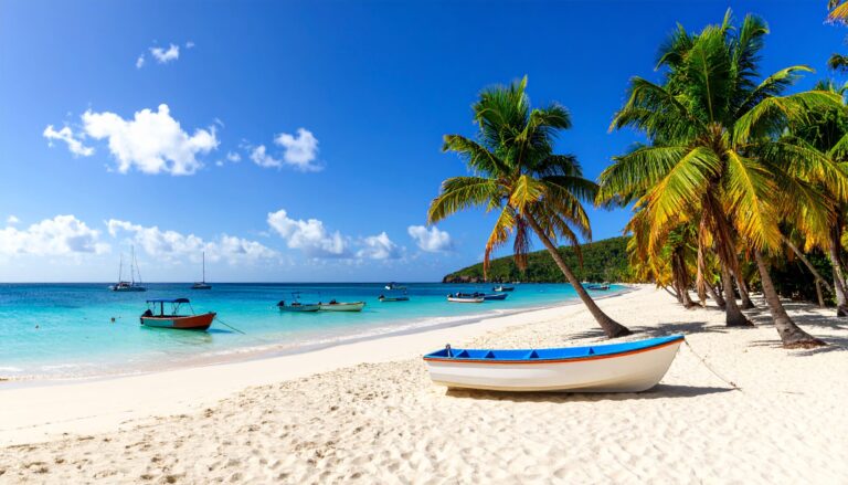 Panoramaaussicht auf einen palmengesäumten Strand mit türkisfarbenem Meer auf Guadeloupe