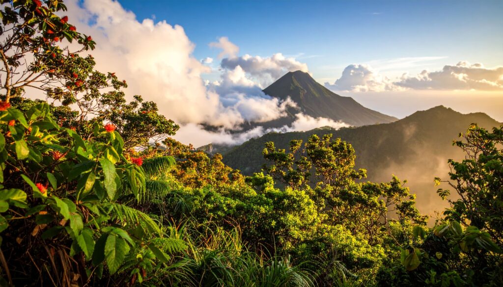 Vulkan La Soufrière mit Regenwald und Nebel im Morgengrauen