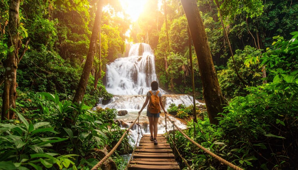 Besucher klettern über die Dunn’s River Falls durch tropischen Regenwald.
