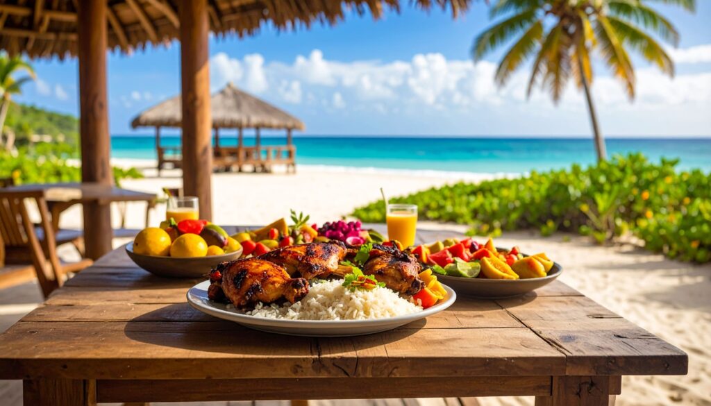 Jamaikanisches Jerk-Chicken, Reis und exotische Früchte auf Holztisch am Strand.