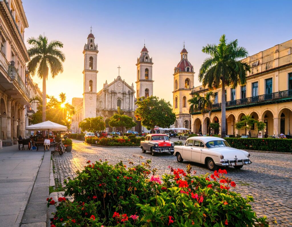 Plaza de la Catedral in Havannas Altstadt im goldenen Morgenlicht mit Oldtimern.
