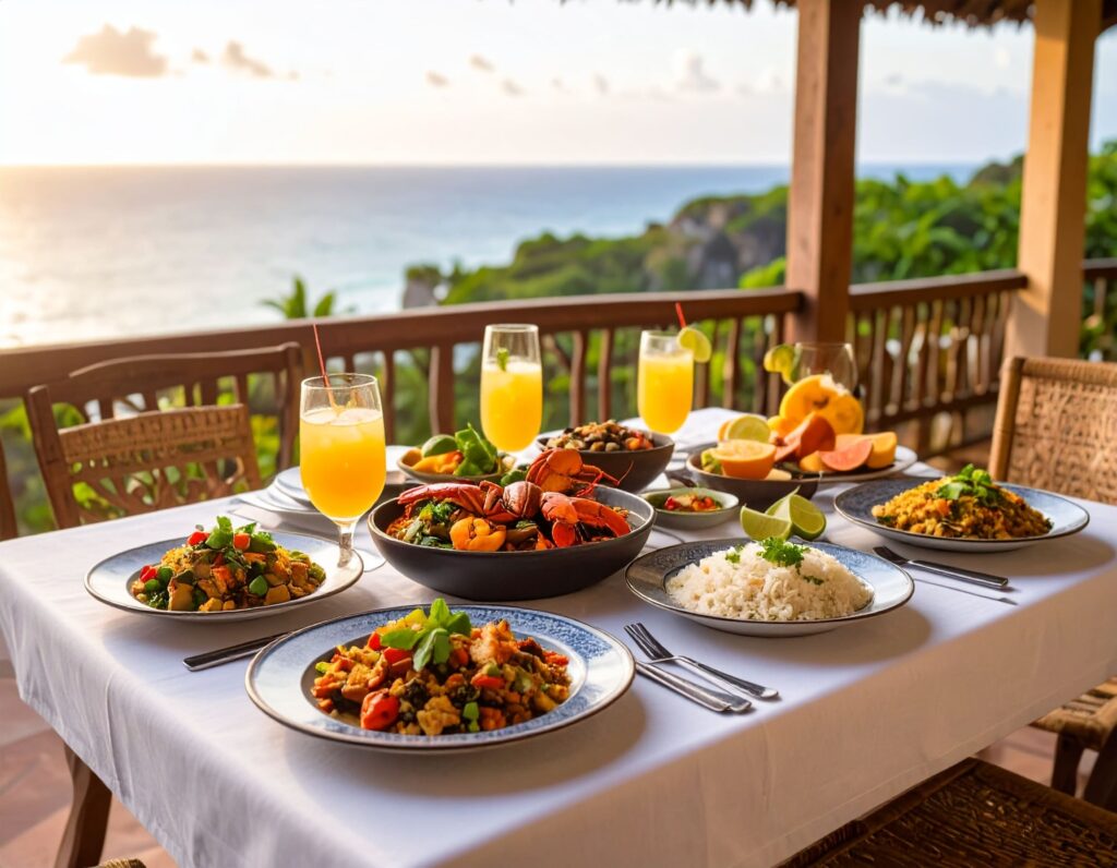 Kubanischer Abendbrottisch mit Spezialitäten und Mojitos am Meer.