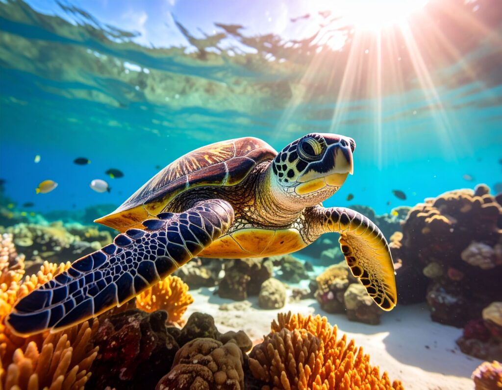 Meeresschildkröte über Korallen im klaren Karibikwasser