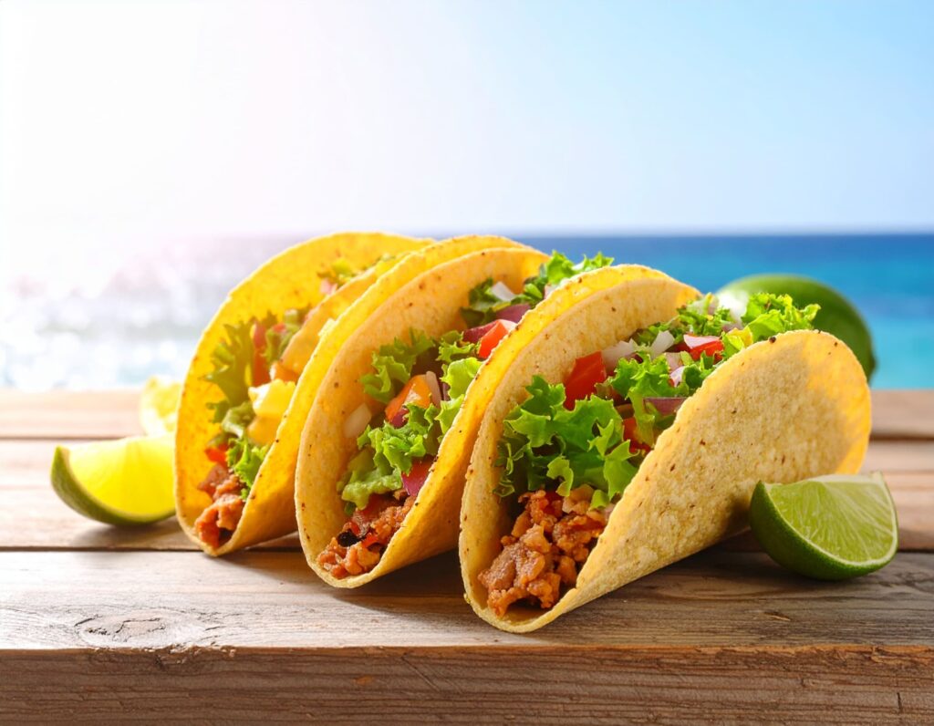 Mexikanische Tacos mit Guacamole und Salsa vor dem Meer