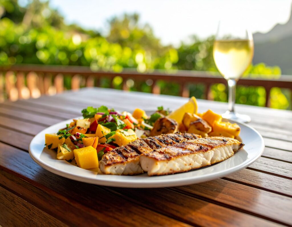 Karibischer Teller mit gegrilltem Fisch, Kochbananen und Mango-Salat auf Montserrat.