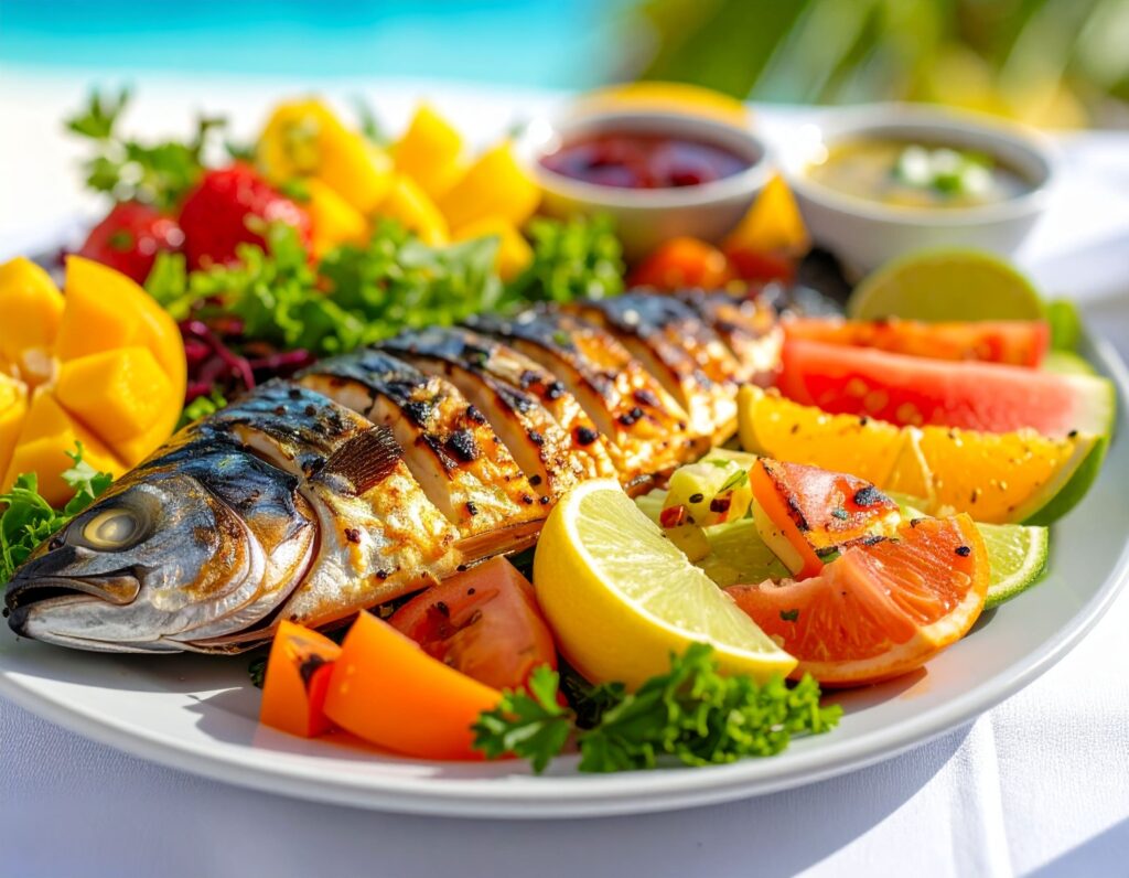 Nahaufnahme eines kunstvoll angerichteten Tellers mit frischem Fisch und lokalen Zutaten auf Saba