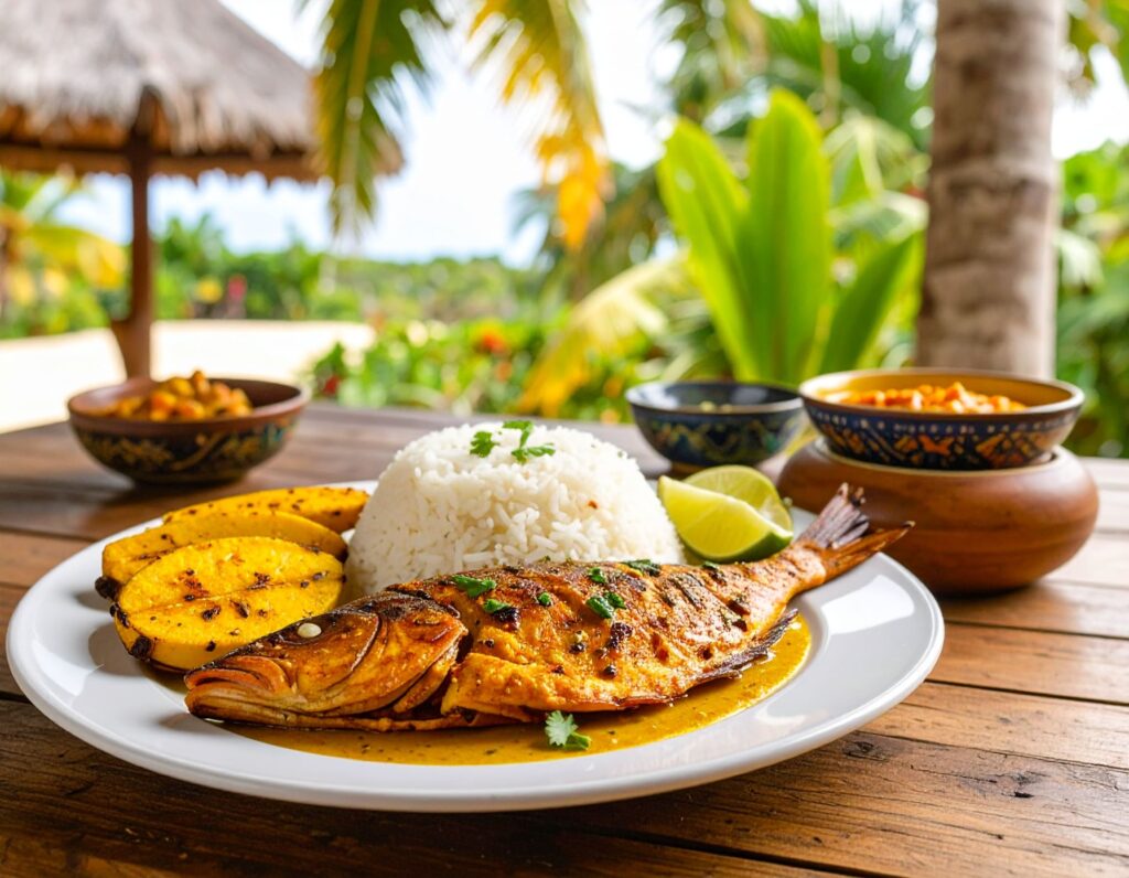 Nahaufnahme eines tobagonischen Gerichts mit Fisch, Reis und Kochbananen auf Holztisch.