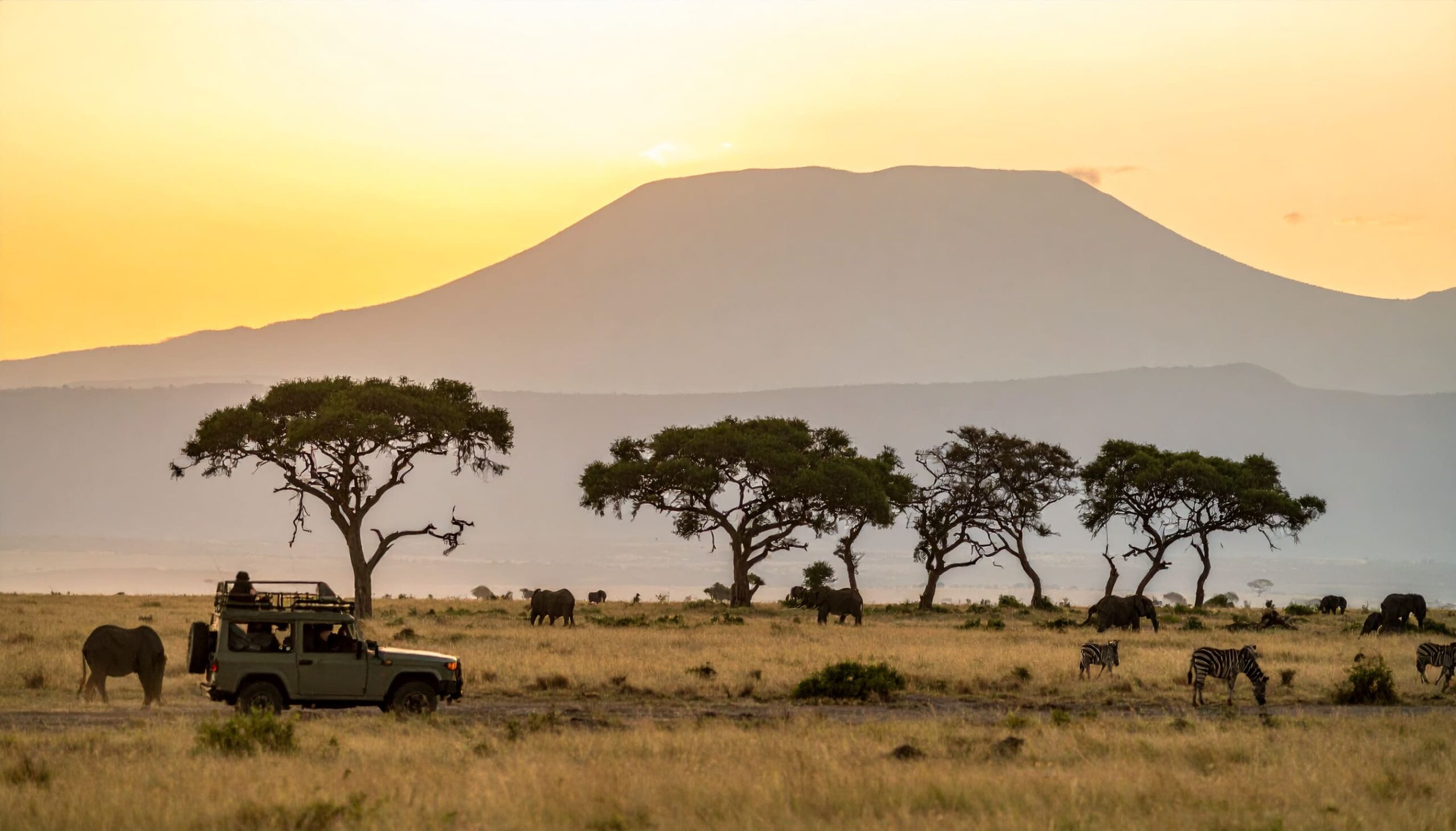 Jeep-Safari in der afrikanischen Savanne bei Sonnenaufgang mit Elefanten, Zebras und goldener Sonne am Horizont – inspirierende Reiseszene.
