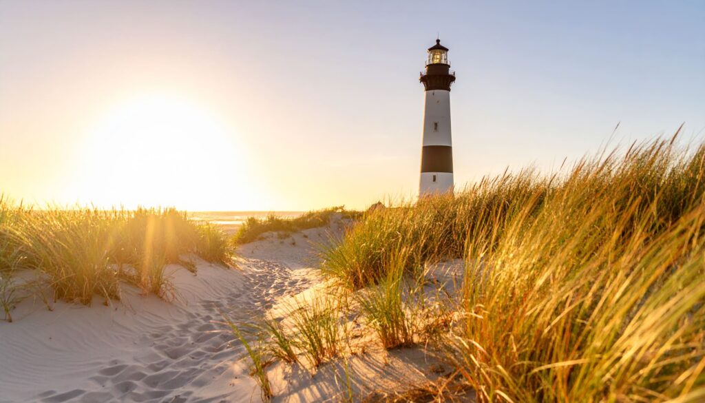 Sonnenaufgang an den Outer Banks mit Cape Hatteras Leuchtturm, Dünen und Atlantik.