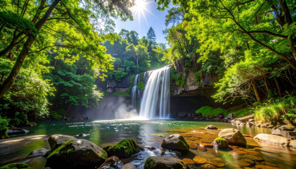 Looking Glass Wasserfall bei Brevard im Sommer, umgeben von grünen Wäldern