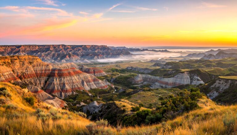 Sonnenaufgang über den Badlands im Theodore Roosevelt National Park, North Dakota