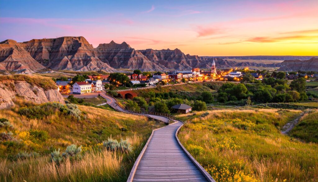 Historische Westernstadt Medora mit Boardwalks vor der Kulisse der Badlands bei Sonnenuntergang