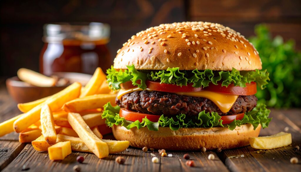 Nahaufnahme eines saftigen Bison-Burgers mit Pommes auf Holztisch