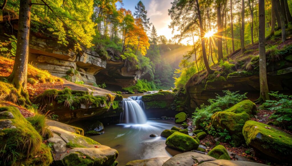 Hocking Hills State Park mit Felsen, Wasserfall und moosigem Wald im goldenen Nachmittagslicht, Ohio