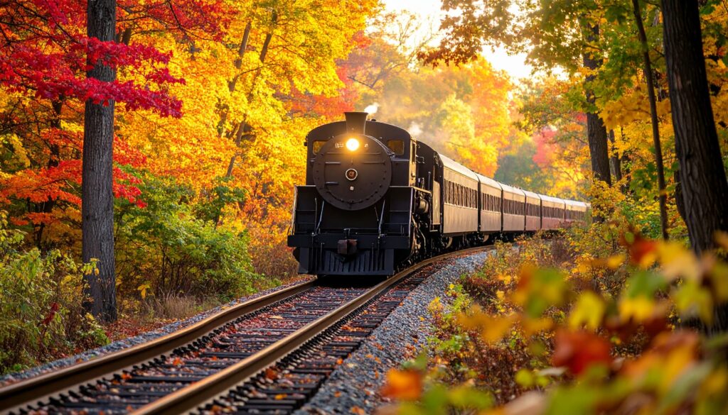 Historischer Zug durch herbstlichen Laubwald im Cuyahoga Valley Nationalpark, Ohio