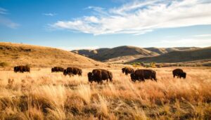 Weitwinkelaufnahme der goldenen Prärie Oklahomas mit Bisons und weitem Himmel bei Sonnenaufgang