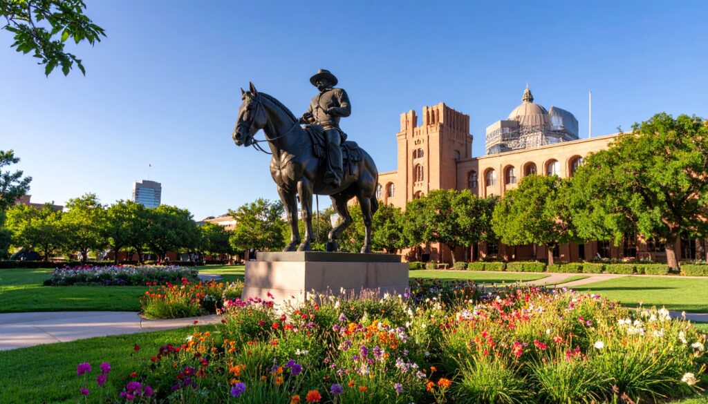 Weitwinkelaufnahme des National Cowboy & Western Heritage Museum mit bronzener Cowboy-Skulptur und blühendem Museumsgarten bei sanftem Morgenlicht