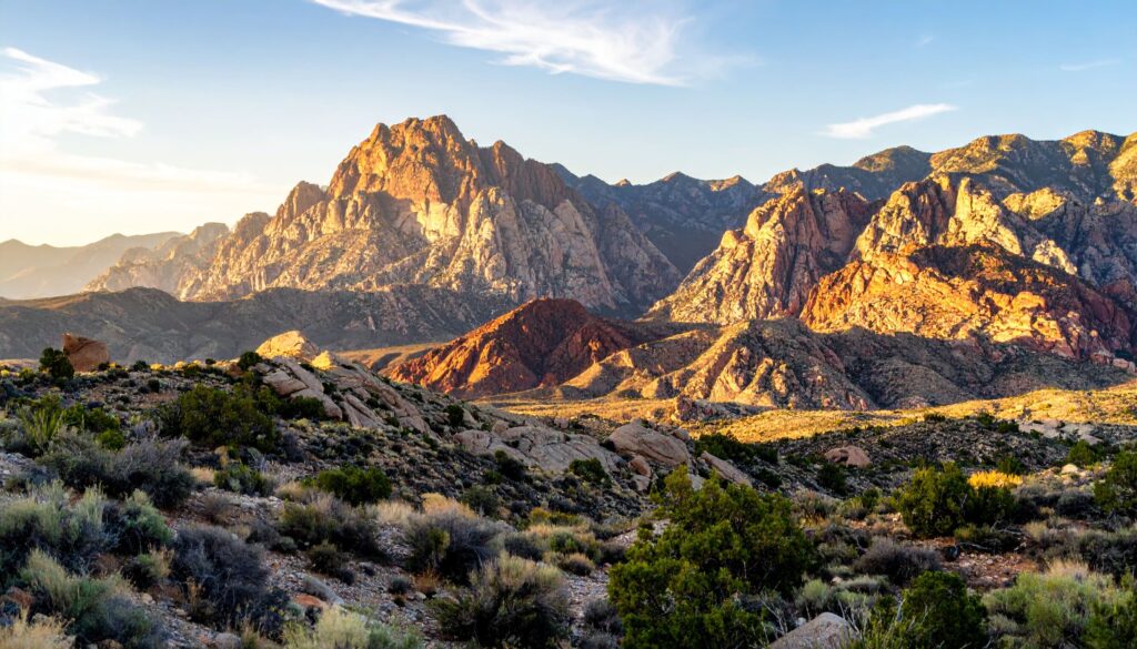 Panoramaaufnahme des Red Rock Canyon Adventure Park mit roten Sandsteinwänden und goldener Abendsonne, vereinzelte Bäume und klare Luft