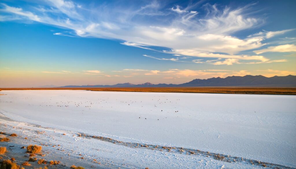 Glitzernde weiße Salzebene des Great Salt Plains State Park im Abendlicht, weiter Himmel und Zugvögel am Horizont