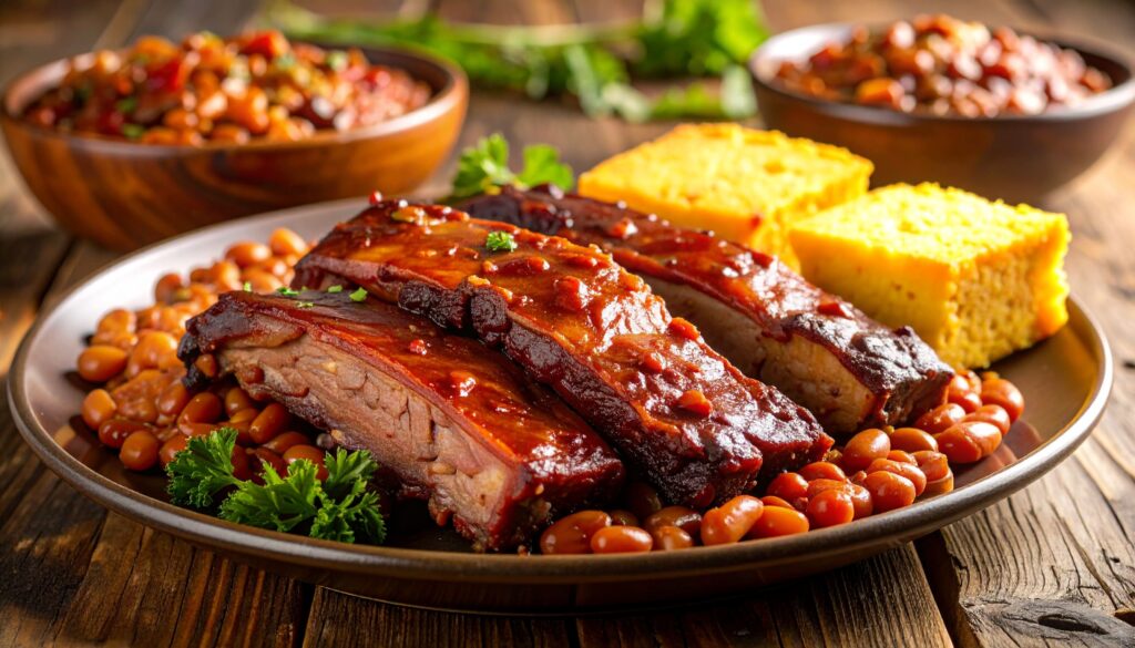 Nahaufnahme eines deftigen Oklahoma BBQ-Tellers mit Brisket, Spareribs, Bohnen und Maisbrot, serviert auf rustikalem Tisch bei Abendlicht