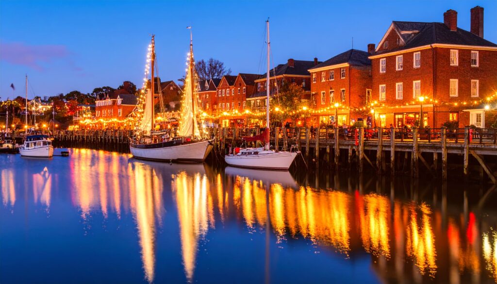 Bowen’s Wharf in Newport in der Abenddämmerung mit Segelbooten und Lichterketten